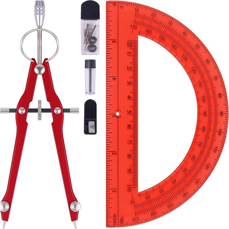 Unjoo Compass and Protractor Set, Professional Drawing Compass Tool, Metal Compass with Extra Refills, Compass for Geometry and 6 Inch Math Protractors 180 Degree (Red) - Image 1
